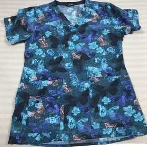 Carhartt Force Scrub Top Womens XS Blue Butterfly V-Neck Pockets Cross-Flex